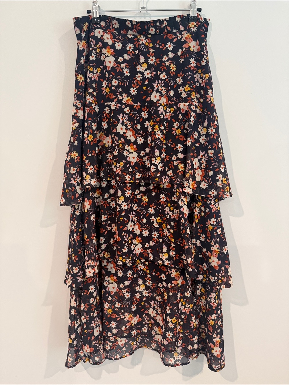 Ann Taylor Black Floral High-Low Tiered Maxi Skirt